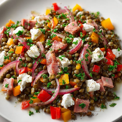 Une salade de lentilles et légumes colorés, avec des légumes croquants et des fromages, est servie sur un plateau.