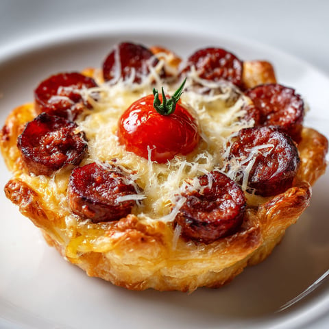 Une tartelette en fleur de merguez est servie sur un plateau.