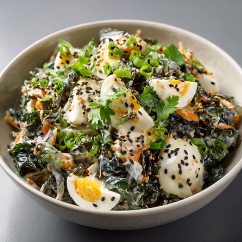 Salade printanière fraîche et iodée aux algues wakamé, œufs durs et légumes croquants, relevée d’une vinaigrette asiatique au sésame, soja et vinaigre de riz.
