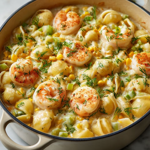 Une casserole de pâtes à la chaudrée de crevettes et de maïs est servie dans un bol en céramique.
