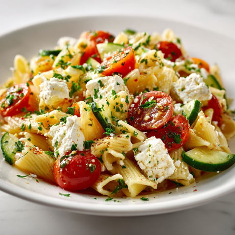 Une salade de pâtes à la féta et aux tomates cerises est servie sur un plateau.