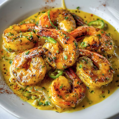 Une assiette de crevettes à la moutarde, avec des légumes et des épices, est servie sur une table.