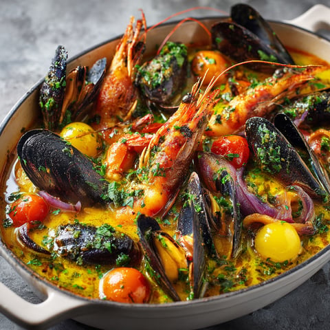 Casserole de fruits de mer au safran, une recette savoureuse et colorée, est servie dans un bol en terre.
