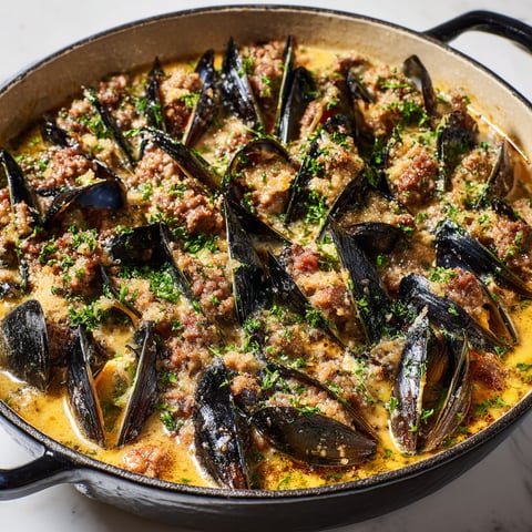 Une casserole de moules à la saucisse façon Hortense, avec des herbes et des légumes.