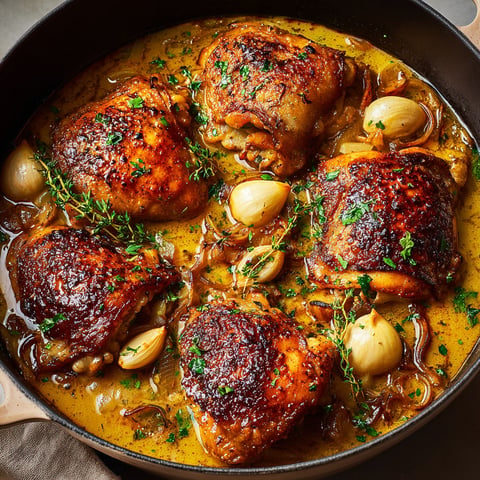 Des cuisses de poulet braisées à l'érable, à l'ail et au vin blanc dans un bol.
