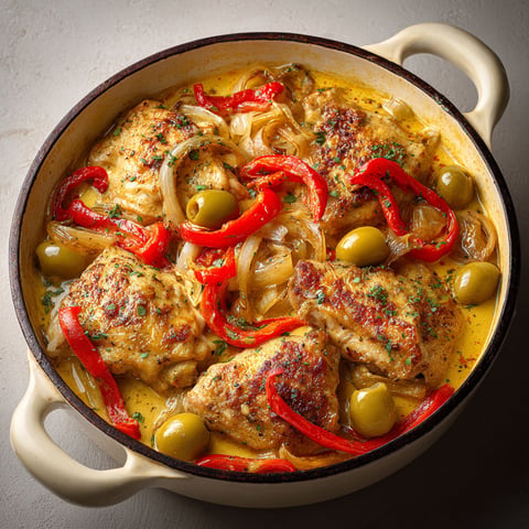 Une casserole de poulet aux olives et aux poivrons grillés.