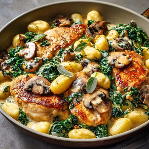 Une recette de poulet, gnocchis et kale, sauce crémeuse aux champignons, est servie dans un plat en métal.
