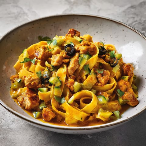 Une assiette de tagliatelles au poulet, aux olives et au citron confit.