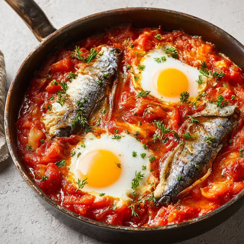 Une casserole de chakchouka EXPRESS avec des sardines en boîte.
