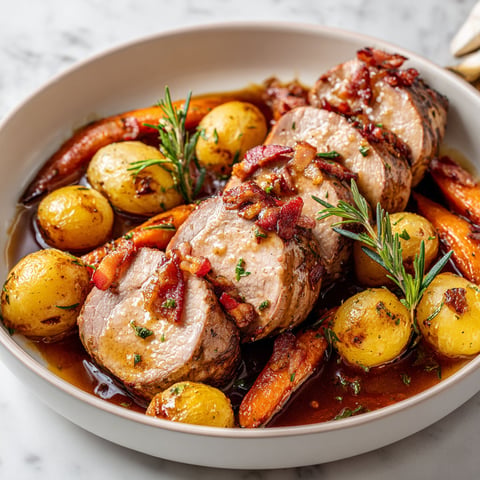 Un plat de filets de porc à l'érable et au bacon, accompagné de carottes et de pommes.