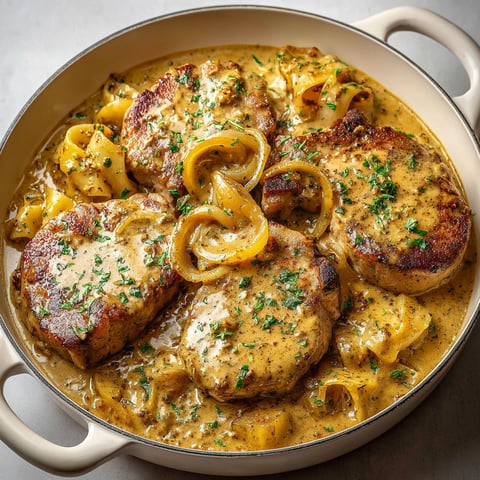 Une casserole de côtelettes de porc à la moutarde et à la mijoteuse, servie dans un bol en porcelaine.