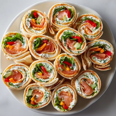 Un plat de Wraps Apéritifs au Saumon Fumé et Fromage Frais.