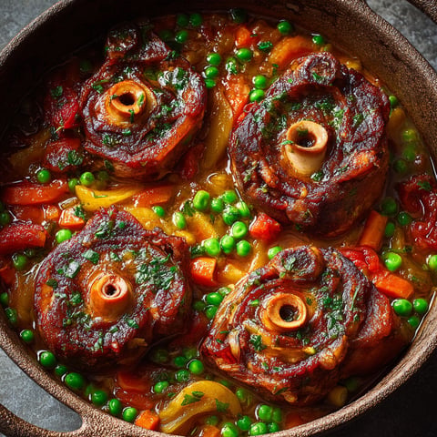 Un plat de osso buco de porc aux petits pois et gremolata au fenouil.