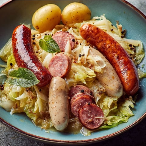 Une assiette de chou vert et de saucisses, accompagnée d'un citron, est servie sur une table.