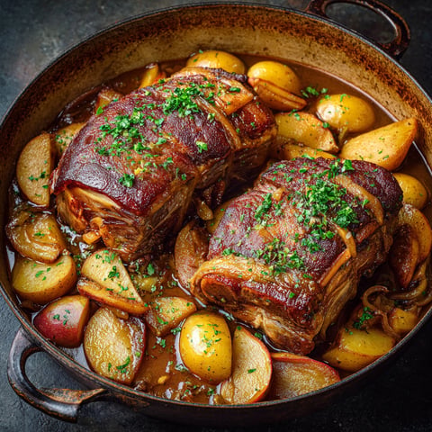 Un plat de rôti de porc braisé aux pommes, avec des pommes et des herbes de sauce.