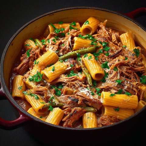 Un plat de porc braisé et rigatonis à l'oignon dans un bol rouge.