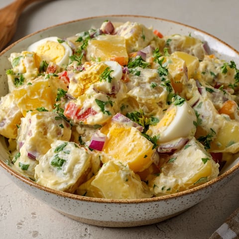 Une salade de pommes de terre crémeuse aux œufs est servie dans un bol sur une table.