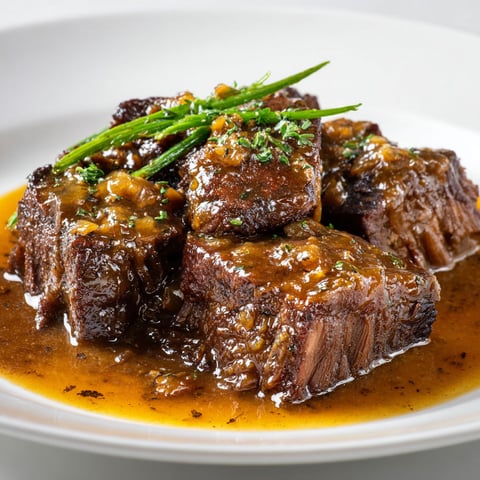 Une plaque de porc braisé avec des herbes et des épices, accompagné d'une sauce au citron et à l'orange.