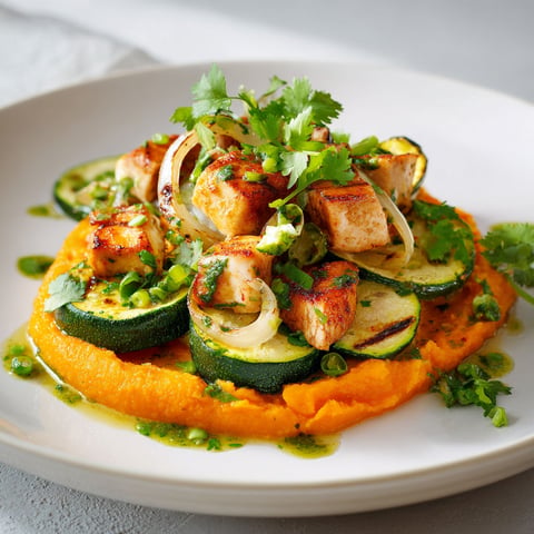 Une assiette de poulet et de purée de patates douces, accompagnée d'une salade verte.
