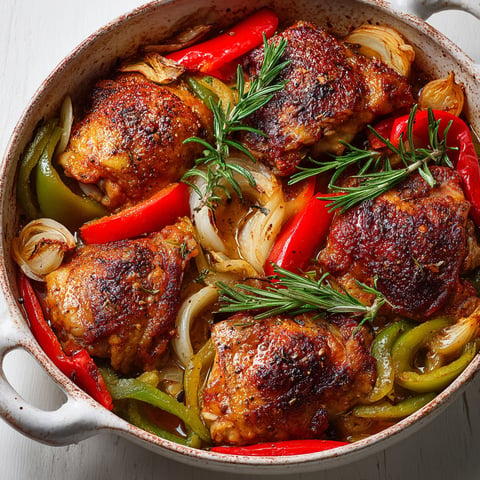 Une casserole de poulet et légumes rôtis au four, avec des légumes verts et des épices.