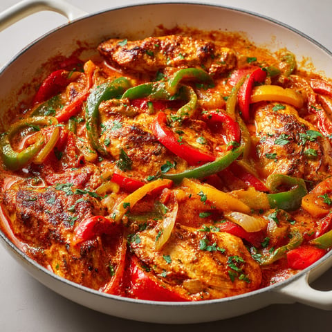Une poêlée de poulet aux poivrons et tomates est servie dans un bol en acier.