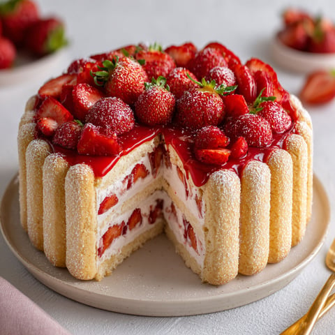 Une Charlotte aux fraises gourmande et sans cuisson est servie sur un plateau.