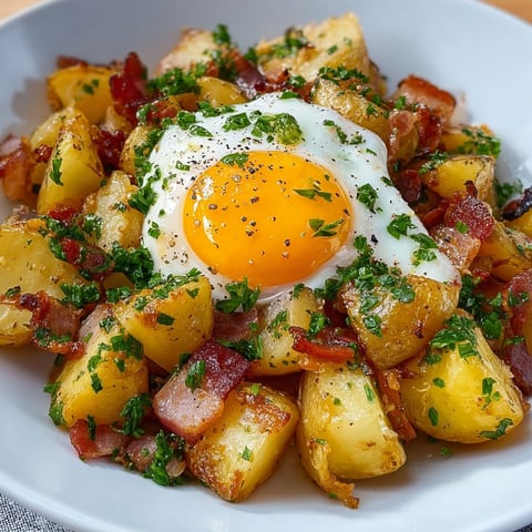 Une salade campagnarde est servie dans un bol, avec des pommes de terre, des oeufs, des herbes et des bacon.
