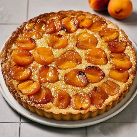 Tarte rustique aux abricots et frangipane légère, dessert gourmand à la poudre d’amandes et pâte croustillante.
