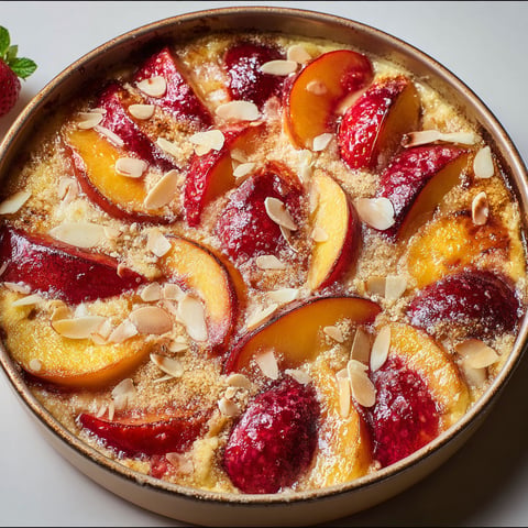 Gratin de fruits rouges et nectarines à la crème d’amande, recette sucrée chaude avec éclats croquants de dragées.