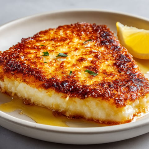 Saganaki grec croustillant au fromage doré et citron frais, entrée chaude typique de la cuisine méditerranéenne.