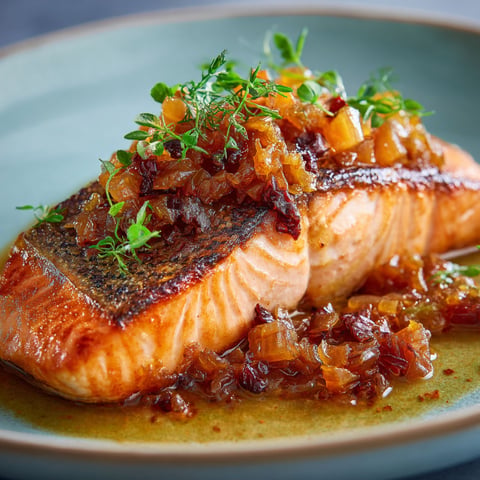Saumon à la poêle et condiment de rhubarbe au gingembre, recette équilibrée sucrée-salée avec graines de sarrasin grillées.