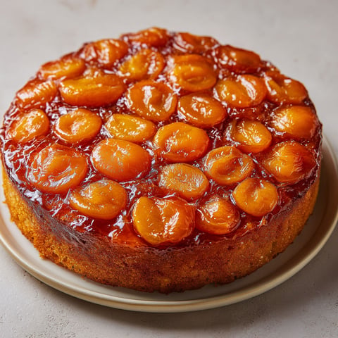 Un gâteau renversé aux abricots est présenté sur un plateau.