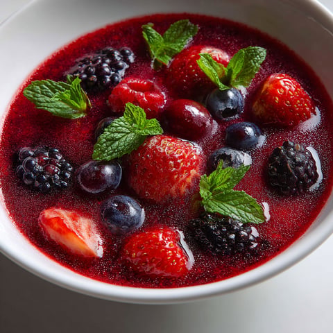 Une soupe de fruits rouges à la menthe est servie dans un bol.