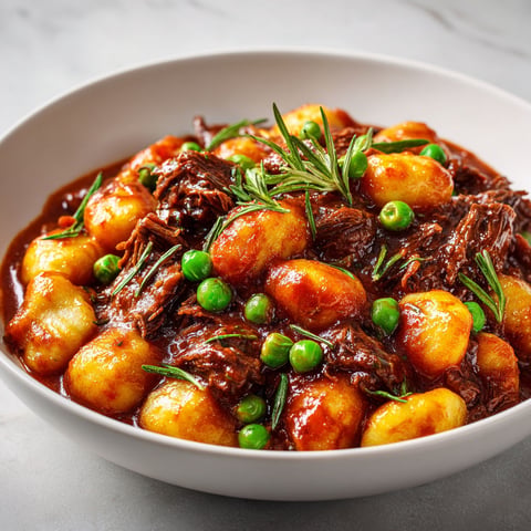 Gnocchis gourmands au ragoût de bœuf longuement mijoté au romarin et parmesan fraîchement râpé.