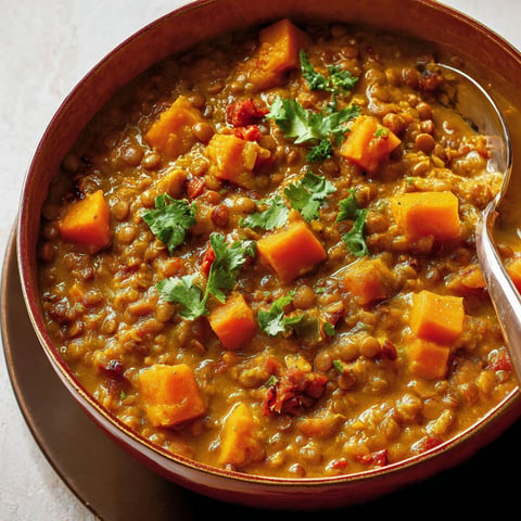 Une casserole de lentilles et de courge.