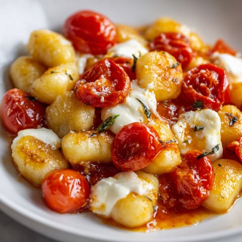 Une plate de gnocchis maison aux tomates et à la mozzarella, avec une sauce tomate et des herbes fraîches.