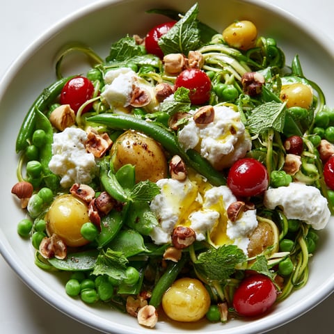 Une salade de légumes tièdes et ricotta maison est servie dans un bol en verre.