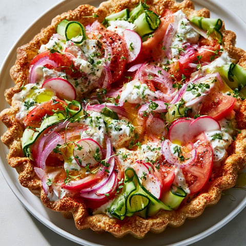 Une tarte aux légumes croquants est servie sur un plateau.