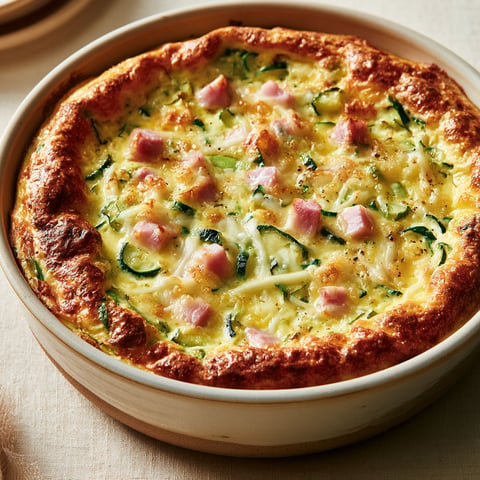 Un plat de clafoutis salé avec courgettes, jambon et fromage.