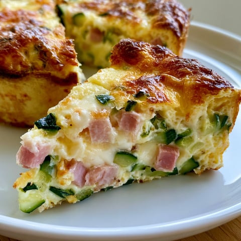 Une tranche de quiche sans pâte aux courgettes, jambon et fromage sur un plateau.