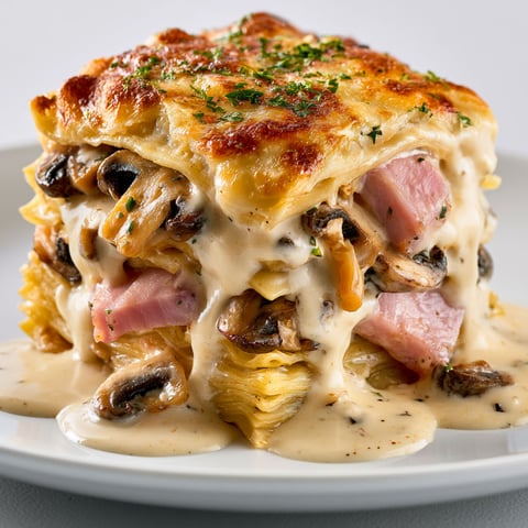 Une grande portion de lasagnes au jambon et champignons, servie sur un plateau.