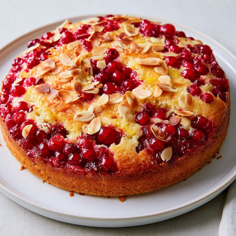 Un gâteau amande groseille sans beurre est présenté sur un plateau.