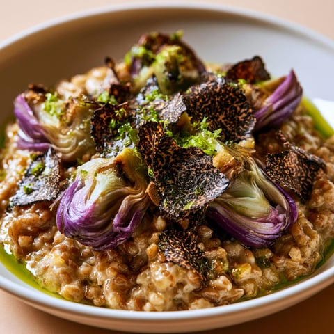Risotto de petit épeautre, truffes d'été et artichauts, une collation savoureuse et délicieuse.