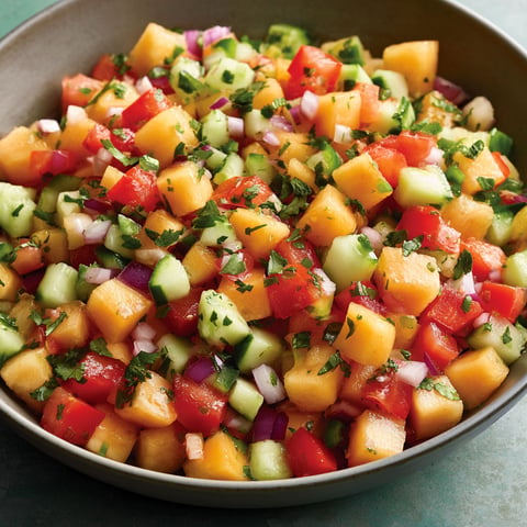 Une salade de cantaloupes et de tomates, avec des herbes et des épices, est servie dans un bol.