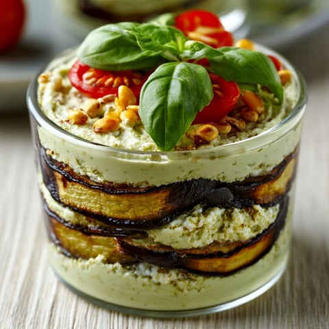 Un dessert salé à base d'aubergine, de ricotta et de pesto, présenté dans un verre.