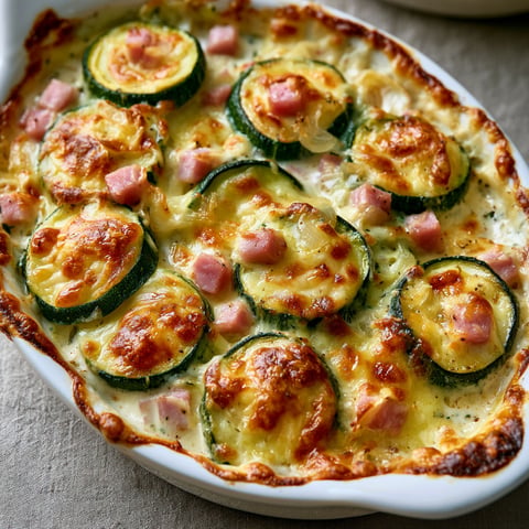 Une casserole de courgettes au jambon et comté gratiné,.