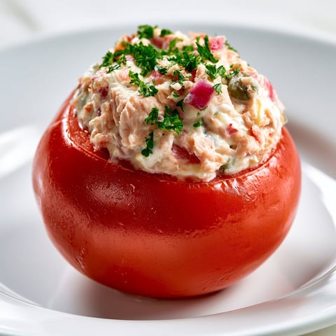 Un tomate farcié au thon sur un plateau blanc.
