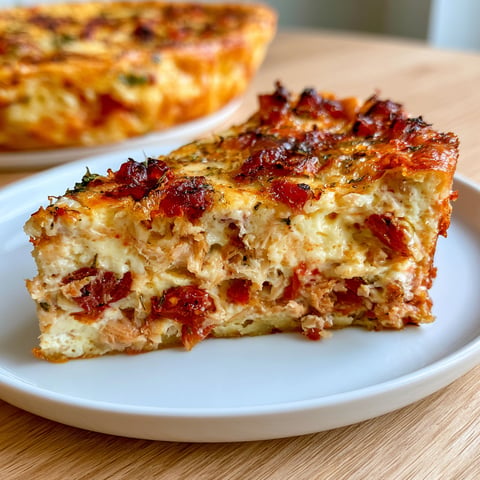 Une pièce de flan provençal à la tomate et au thon est servie sur un plateau blanc.