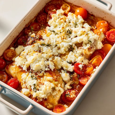 Une casserole de poulet gratinée aux tomates cerises et feta.