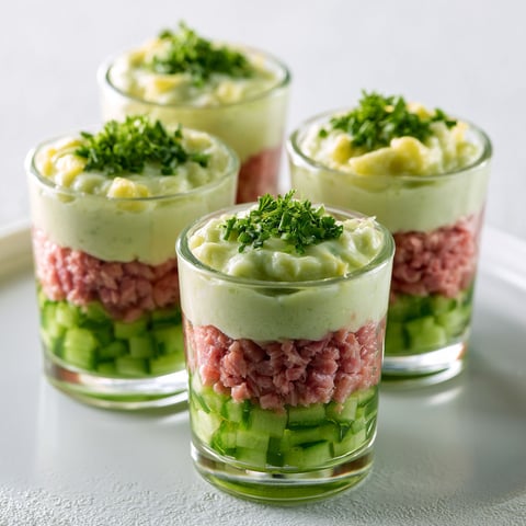 Verrines de concombre, jambon et boursin.